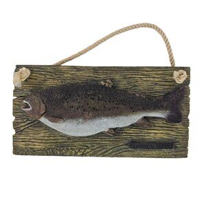 Rainbow Trout Hanging Wall Plaque 3D Fish Design Rustic Wood Look Rope Hanger